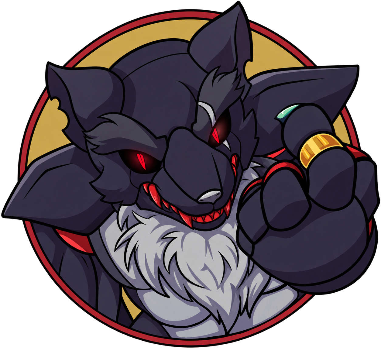 Fang, a charcoal wolf with scarlet eyes, a toothy grin, and a paw pointing toward you